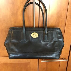 Large coach leather black shoulder bag light blue interior fits MacBook